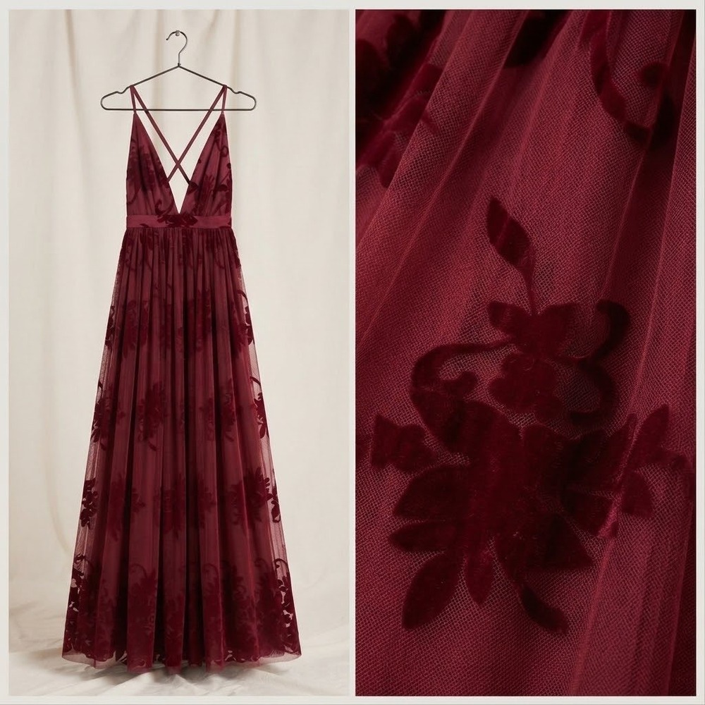 Burgundy Velvet Floral Burnout Maxi Dress WhimsyGoth Vampy Fairy Gown V neck